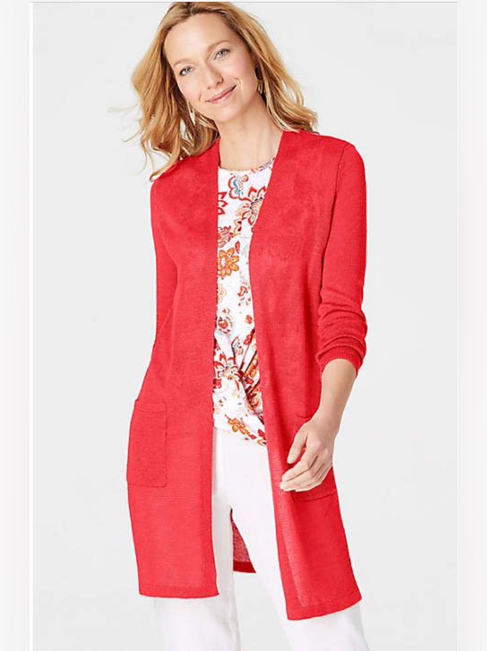 J.Jill Long & Light Linen Blend 2-Pocket Cardigan‎ in Hibiscus